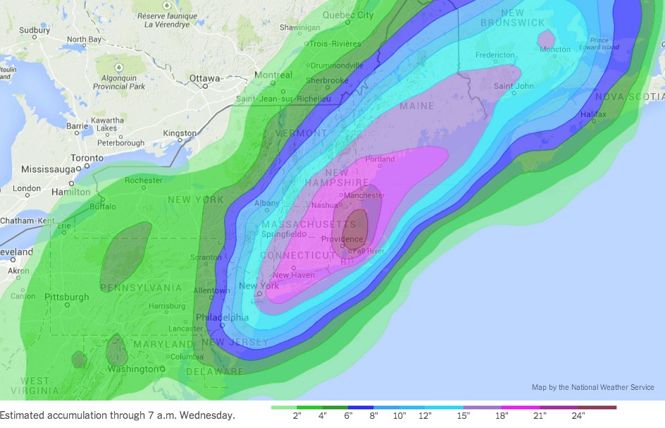 NWS snow map on the New York Times