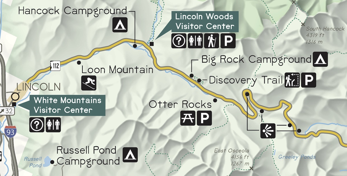 Section of map showing points of interest along the Kancamagus Highway