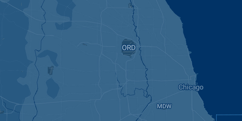 Screenshot of FlightAware map zoomed to the Chicago area with O'Hare airport starting to be visible