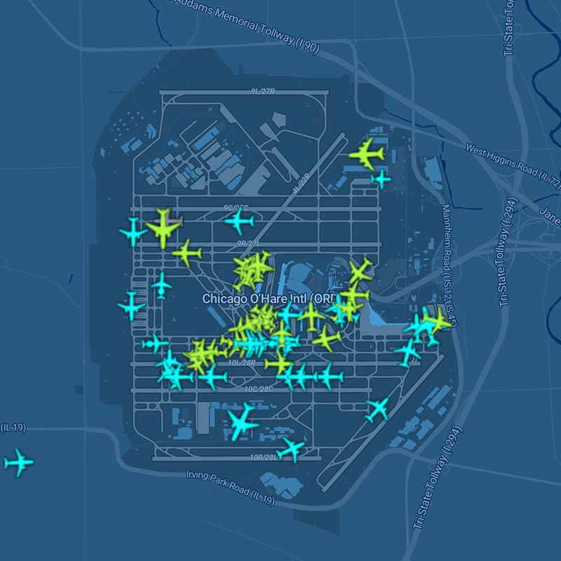 Screenshot of Chicago O'Hare airport in FlightAware's new map