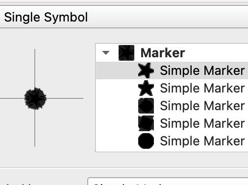 screenshot of QGIS symbology panel with a rough looking point symbol made by overlaying several of the built-in simple marker shapes