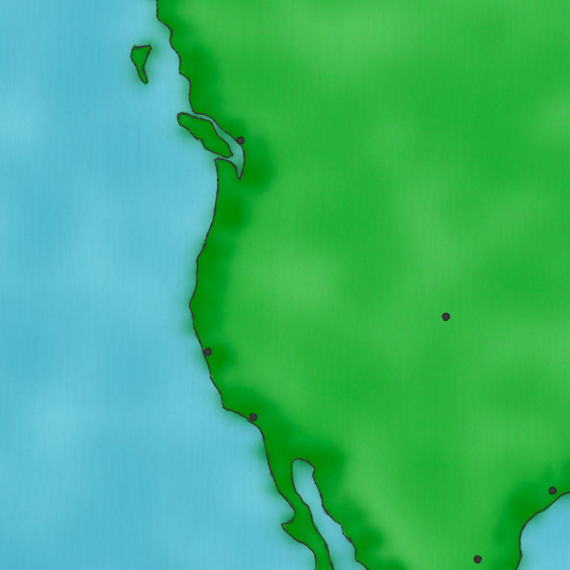 screenshot of a map of western North in a sort of watercolor style with green land and blue water