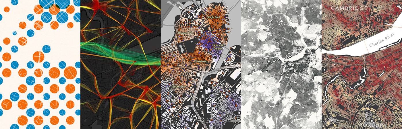 Collage of 5 maps from Bostonography, by Tim Wallace and Andy Woodruff